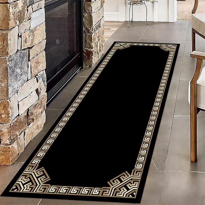 Greek Key Runner Rug for Entryway, 2.6x10ft, Black Gold Geometric Border Area Rugs for Bedroom, Meander Pattern Fade Resistant Home Decor Carpet, Soft Reduce Noise Entry Mat for Kitchen