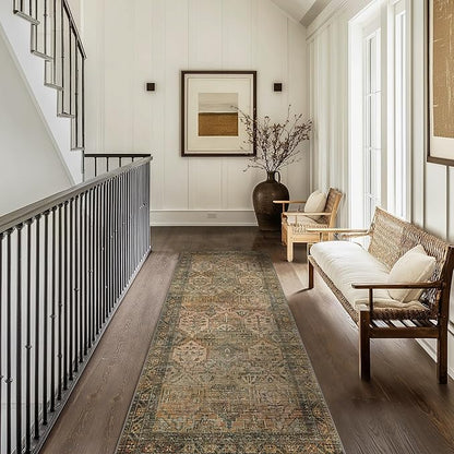Bavni Kitchen Rug 2x5 Runner Rugs for Hallways Entryway, Washable Vintage Print Carpet, Ultra-Thin Chenille Low Pile Lightweight Rug with Non Slip Backing, Sepia