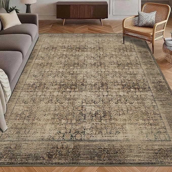 Washable Area Rug 5' x 7' Vintage Traditional Persian Mat - Foldable Distressed Non-Slip Machine Washable Carpet for Living Room Bedroom Kitchen Home Decor - Mocha and Taupe