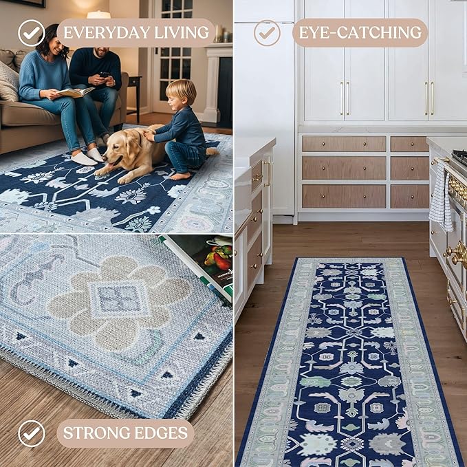 Fame Living Navy Blue Oushak Rug, Modern, Vintage, Turkish, Eclectic, Floral, Pastel, Washable, Area Rugs for Living Room, Dining, Bedroom, Nursery, Girls, Boys, 5'9"x8'9"