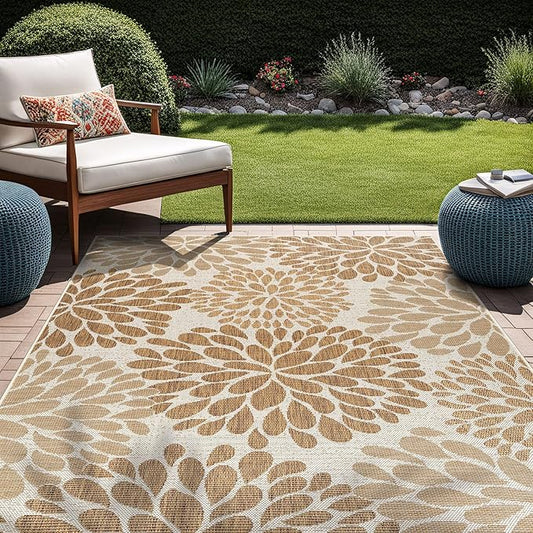 Beverly Rug Outdoor Rug 5x7 Modern Exotic Tropical Leaf Area Rugs for Indoor and Outdoor Patio Deck Porch Garden Water Resistant Washable Outside Carpet (5 x 7 Beige)