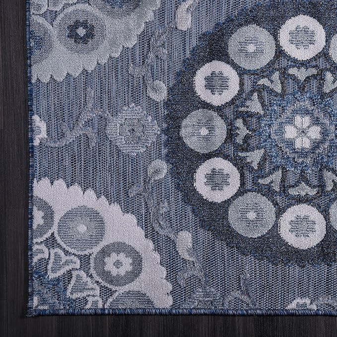 CAMILSON Indoor Outdoor Rug 10x14 Bohemian Medallion Floral Area Rugs for Indoor and Outdoor Patios Easy-Cleaning Non-Shedding Living Room Garden and Kitchen Washable Outside Carpet (10 x 14 / Navy)