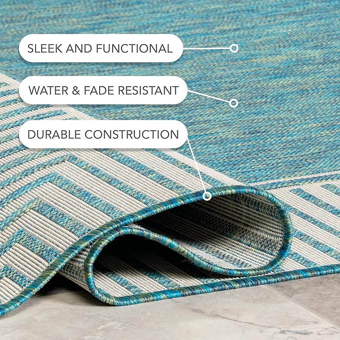 Nuloom Asha Teal/Ivory, 9'6" x 12', Casual, Striped Border, Soft and Cozy, High Traffic, Stain Resistant, Easy Clean, Durable Area Rug for Indoor/Outdoor Patio, Deck, Porch, Garden, Courtyard