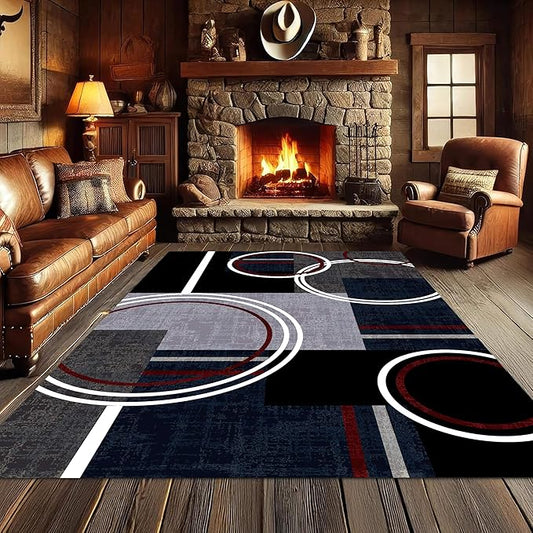 Area Rug 6x9 Modern Abstract Circle Rugs, Multicolor Low Pile Carpet, Machine Washable & Non-Slip Non-Shedding Stain Resistant for Bedroom, Living Room