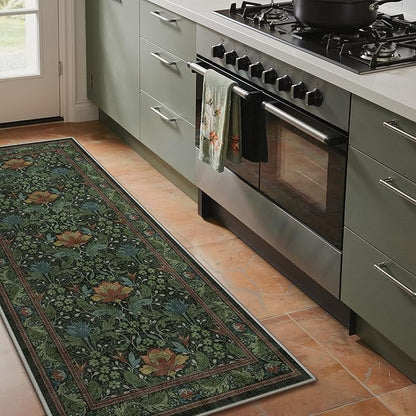 Bavni 2'6''x6 Runner Rug,Microfiber Washable Non-Slip Vintage Floral Rugs,Low Pile Lightweight Carpet for Bedroom,Hallway,Entryway,Kitchen,Bathroom, Dark Green