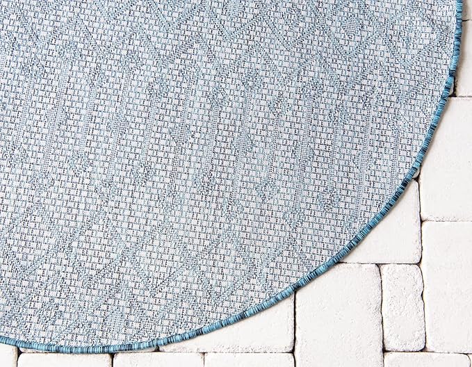 Unique Loom Outdoor Trellis Collection Area Rug - Tribal Trellis (5' 3" Round, Teal/ Ivory)