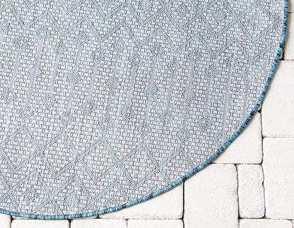 Unique Loom Outdoor Trellis Collection Area Rug - Tribal Trellis (5' 3" Round, Teal/ Ivory)