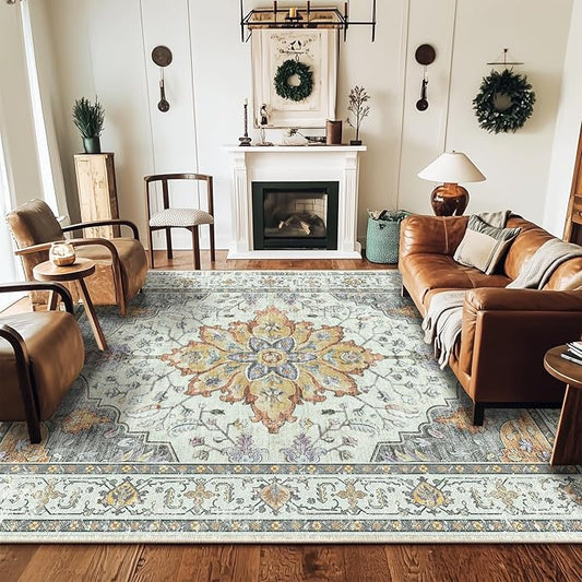 Area Rugs Square 8ft Washable Non-Slip, Floral Vintage Distress Print Pattern Medallion Carpet for Living Room Bedroom Dining Room, Light Yellow Carbon Grey Orange