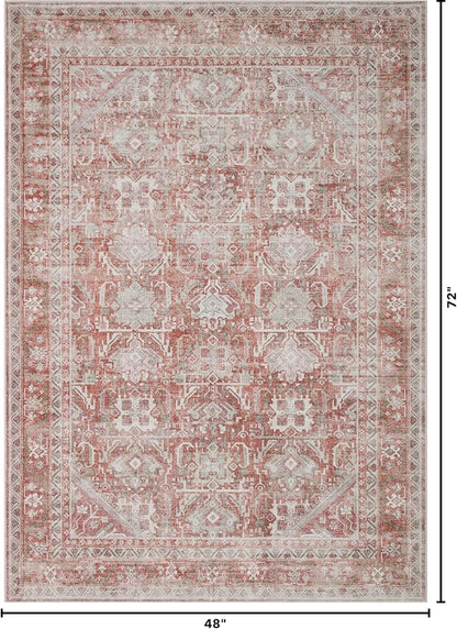 Kuden 4x6 Area Rug, Machine Washable Area Rug with Non-Slip Backing, Vintage Style, Soft, Easy Clean, Low Pile Rug for Living Room, Bedroom, Dining Room