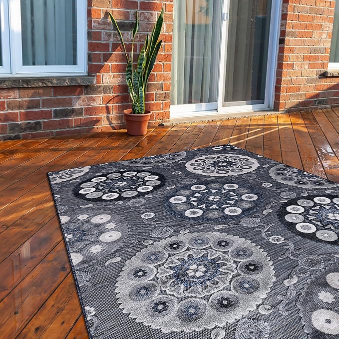 CAMILSON Indoor Outdoor Rug 9x12 Bohemian Medallion Floral Area Rugs for Indoor and Outdoor Patios Easy-Cleaning Non-Shedding Living Room Garden and Kitchen Washable Outside Carpet (9 x 12 / Navy)