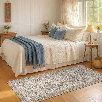 Vintage Floral Bedside Rug for Bedroom, 2x6 Washable Runner Rugs for Kitchen, Entryway, Hallway, Non Slip Moss Bathroom Carpet, Traditional Home Décor with Bird Pattern (Moss)