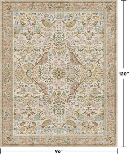 Washable Living Room Rug 8x10 - Country Style Beige Floral Area Rugs for Bedroom Under Bed, Dining Room Table Rug, Stain Resistant Non-Slip Neutral Farmhouse Décor with Light Blue and Green Accent