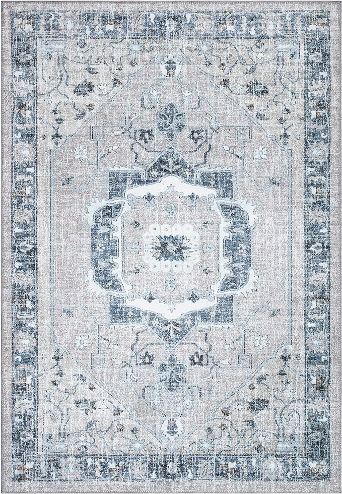 Bloom Rugs Washable Non-Slip 4' x 6' Rug - Pebble Gray/Blue Traditional Medallion Area Rug for Living Room, Bedroom, Dining Room, and Kitchen - Exact Size: 4' x 6'