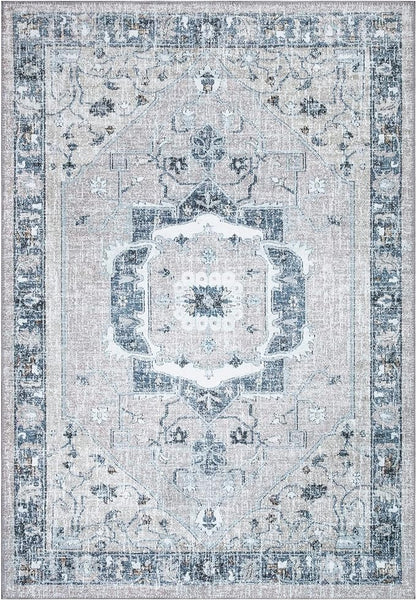 Bloom Rugs Washable Non-Slip 4' x 6' Rug - Pebble Gray/Blue Traditional Medallion Area Rug for Living Room, Bedroom, Dining Room, and Kitchen - Exact Size: 4' x 6'