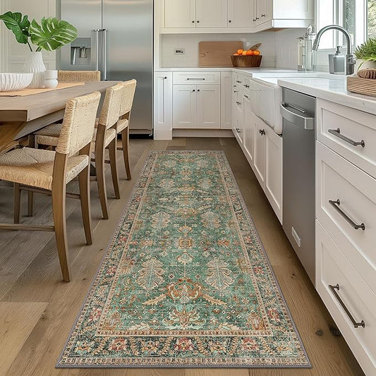 Bavni Runner Rug, Machine Washable Rugs for Bedroom 2x10, Non Slip Boho Rugs with Rubber Backing, Ultra-Thin Folable Rug Runner for Hallways Bathroom, Sage/Gold