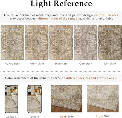 2x3 Washable Vintage Area Rug for Living Room Bedroom Non Slip Distressed Traditional Beige Brown Soft Thin Throw Rug Low Pile Lightweight Floral Doormat Entryway Indoor Kitchen Laundry Room