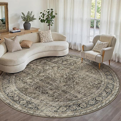 Brown Round Area Rug 6ft Washable 6x6 Circle Vintage Low Pile Indoor Large Kitchen Living Room Carpet Non Slip Traditional Distressed Retro Accent Throw Rug Office Dining Room