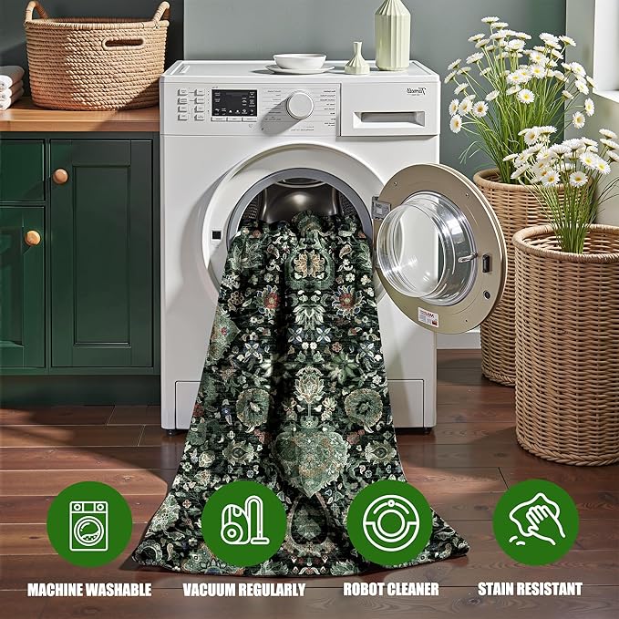 Dark Green Floral Living Room Rug 5x7 Washable Rugs Boho Vintage Oriental Large Foldable Faux Wool Carpet for Bedroom Nursery Room Dorm Kids Playroom Home Office