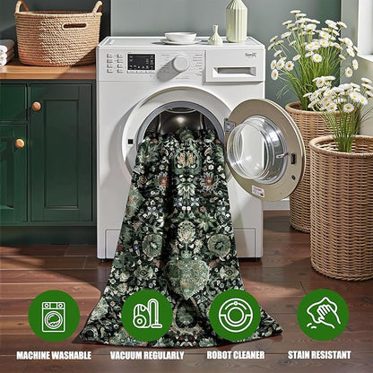 Runner Rugs 2x7 Boho Washable Area Rugs for Entryway Bathroom Kitchen, Long Rugs for Hallway Soft Low Pile Non-Slip Rubber Backing Oriental Dark Green