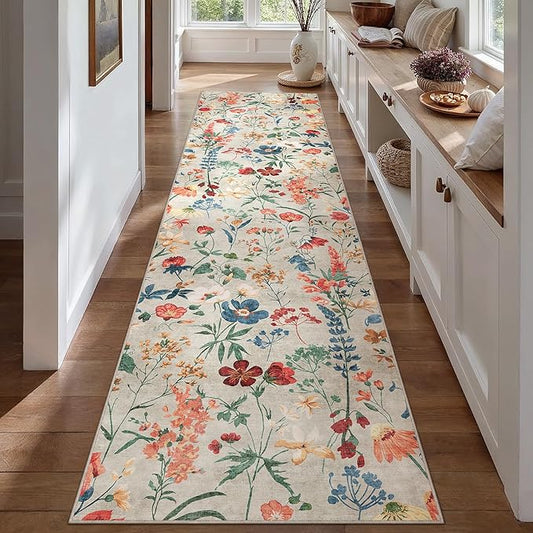 Floral Runner Rug 3x12 Washable Hallway Long Beige Bedroom Carpet Non Slip Indoor Boho Kitchen Low Pile Accent Rug Lightweight Soft for Bathroom Dining Laundry Living Room