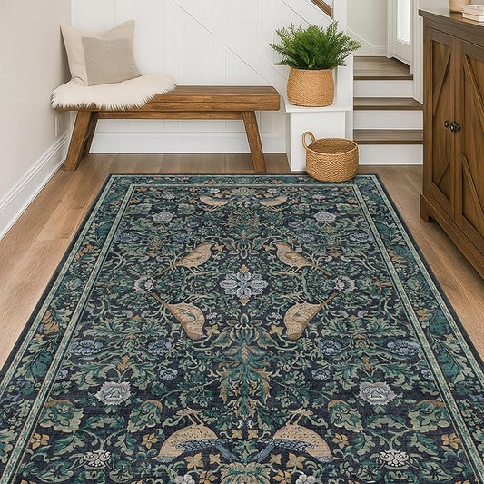 Vintage 4x6 Washable Entryway Rug, Blue & Green Floral Bird Woodland Rug, Non-Slip Low Pile Stain Resistant Carpet for Kitchen, Bedroom, Small Living Room