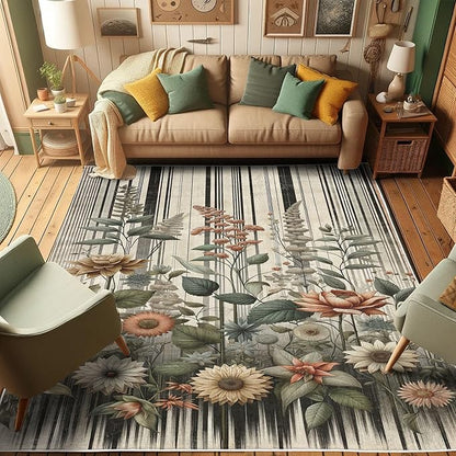 Ambesonne Botanical Decorative Rug, Nostalgic Garden Pattern with Flowers and Leaves on Retro Stripes, Quality Carpet for Bedroom Dorm and Living Room, 5' 1" X 7' 5", Sage Green and Salmon