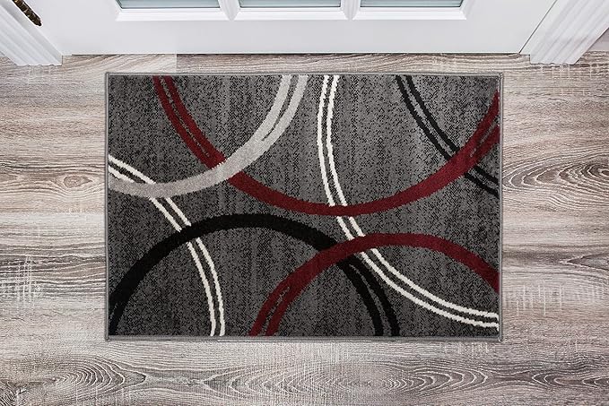 Rugshop Modern Wavy Circles Design Non-Shedding Accent Rug, Carpet for Entryway or Bathroom, Red, 2' x 3'