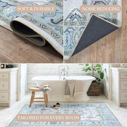 Fame Living Cream Green Oushak Rug, Modern, Vintage, Turkish, Eclectic, Floral, Pastel, Washable, Area Rugs for Living Room, Dining, Bedroom, Nursery, Girls, Boys, 5'9"x8'9"