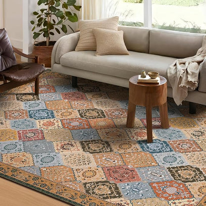 Phantoscope Washable Area Rug 9'x12' Non-Slip, Vintage Boho Rugs for Living Room, Bedroom, Dining Room, Distressed Moroccan Mosaic Diamond Pattern, Low-Pile Foldable Floor Carpet, Terracotta/Rust