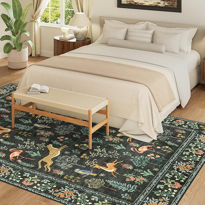 DUKINO 5x7 Rug, Washable Animal Living Room Rug with Non Slip Vintage Design, Soft Low Pile Large Carpet for Bedroom, Nursery, Dining Room, Farmhouse, Playroom, Black