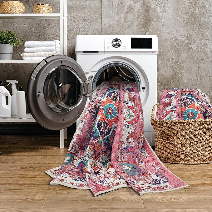 GLN Rugs Traditional Collection - Machine Washable Area Rug, Traditional Washable, Non Slip, Low Pile Chenille Rug, Living Room, Bedroom, Kitchen Rug (2'6" x 7' Pink/Multicolor)