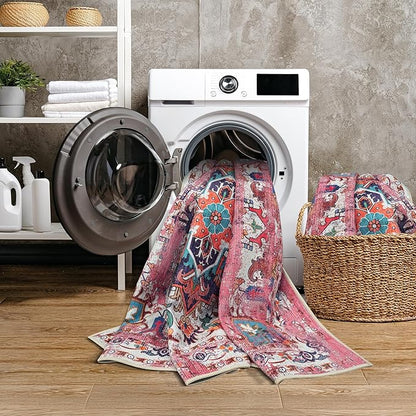 GLN Rugs Traditional Collection - Machine Washable Area Rug, Traditional Washable, Non Slip, Low Pile Chenille Rug, Living Room, Bedroom, Kitchen Rug (3' x 5' Pink/Multicolor)