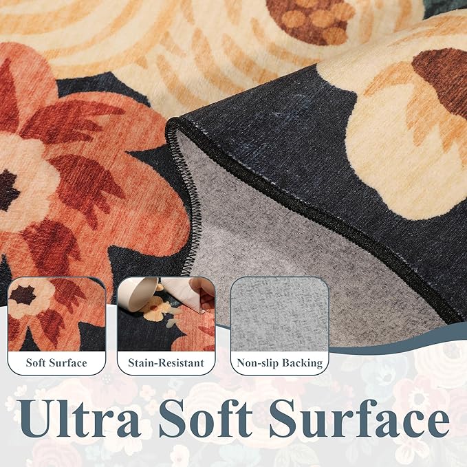 DUKINO 2x6 Runner Rug for Hallway, Washable Kitchen Rug with Non Slip Backing & Non-Shediing, Soft Low Pile Floral Design Runner for Bedroom, Kithchen, Living Room, Laundry, Bathroom, Navy Blue