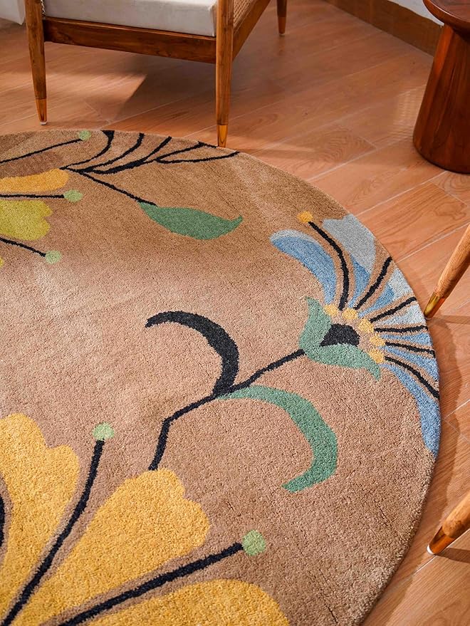 Rugsotic Carpets Hand Tufted Wool ECO-Friendly Area Rugs - 6'x6', Round Shape, Camel, Floral Modern Design, High Pile Thick Handmade Anti Skid Area Rugs for Living Room, Bed Room (K00219)