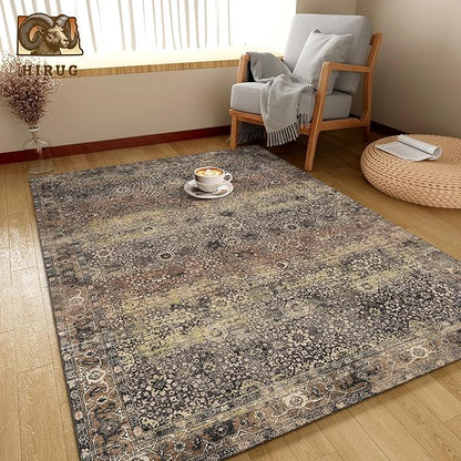 Washable Area Rug 9' x 12' Vintage Traditional Persian Mat - Foldable Distressed Non-Slip Machine Washable Carpet for Living Room Bedroom Kitchen Home Decor - Umber and Slate