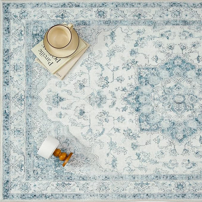 Blue Area Rug 5x7 Washable Vintage Carpet for Living Room Office Soft Retro Low Pile Thin Indoor Rug Non Slip Oriental Medallion Floor Cover for Bedroom Dining Room