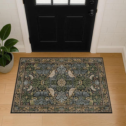 Washable Dark Vintage Floral Rugs for Entryway - Small 2x3 Washable Rug for Kitchen Bathroom Door Mat Indoor Entrance with Bird & Botanical Pattern, Brown Earthy Tones, Non Slip Low Pile