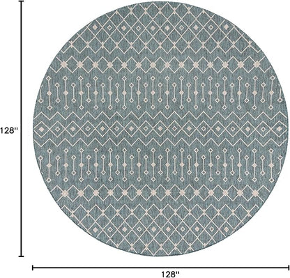 Unique Loom Outdoor Trellis Collection Area Rug - Tribal Trellis (10' 8" Round, Teal/ Ivory)
