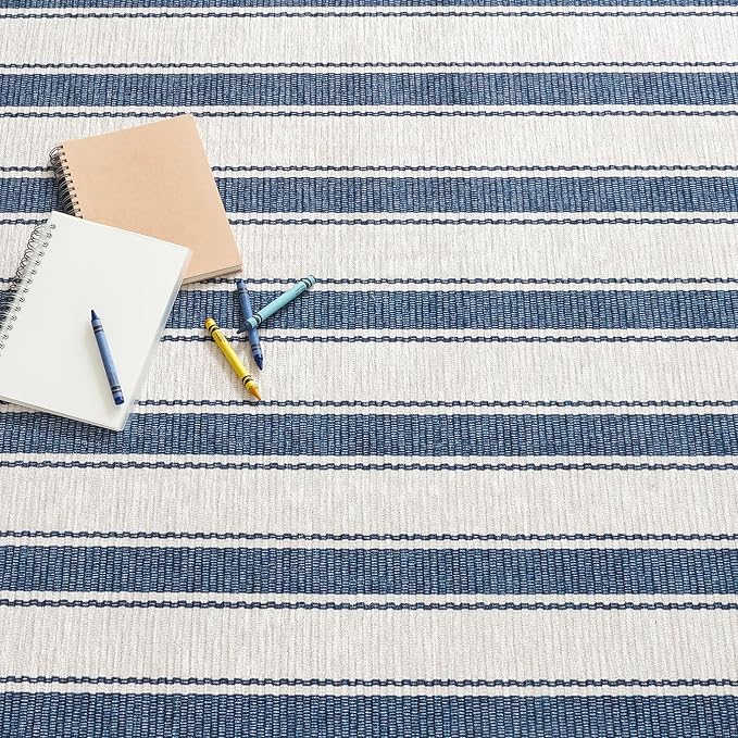 Dash & Albert Awning Stripe Blue Machine Washable Rug, 6 X 9 Feet, Blue Stripe Pattern