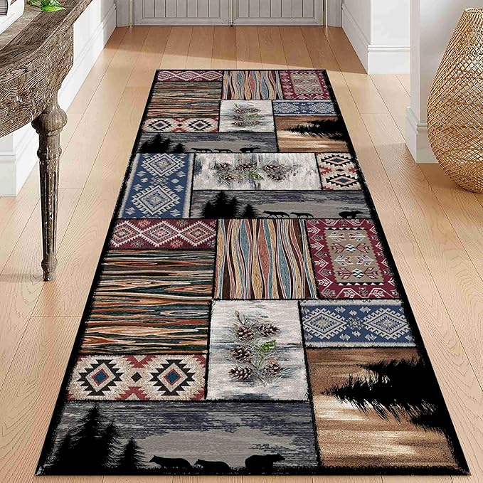 Rustic Country Woodland Bear Wolf Multicolor Animal Rug, 4' x 12', Machine Made, Low Pile, Indoor, Adult, Spot Clean Only, Runner