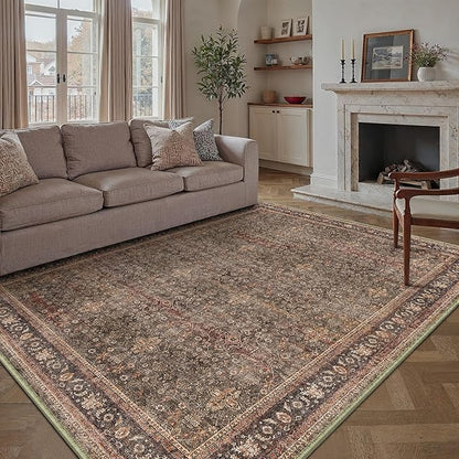 9x12 Area Rug for Living Room Brick Red Vintage Washable Bedroom Carpet Traditional Distressed Soft Non Slip Indoor Large Accent Rug Retro Thin Low Pile Floor Cover for Dining Room Playroom