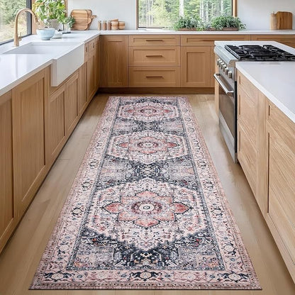PURRUGS Vintage Farmhouse Boho Runner Rug 2x8 ft, Non-Slip Machine Washable Rug, Accent Oriental Area Rug for Kitchen, Hallway, Entryway, Bedroom, Living Room and Dining Room, Coral Red/Marine Blue