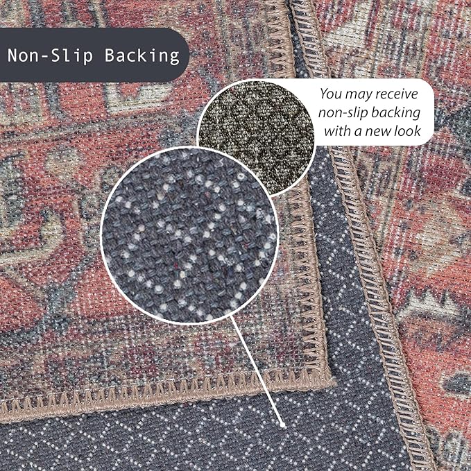 GLN Rugs Traditional Collection - Machine Washable Area Rug, Traditional Washable, Non Slip, Low Pile Chenille Rug, Living Room, Bedroom, Kitchen Rug (2'6" x 7' Black/Terra)
