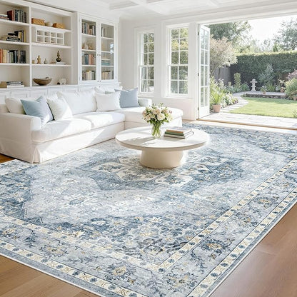 9x12 Area Rugs Washable Rugs for Living Room, Large Vintage Boho Rug Non-Slip Soft Floral Distressed Rug Low Pile Stain Resistant Carpet for Bedroom Nursery Office Dining Room Farmhouse(Blue, 9'x12')