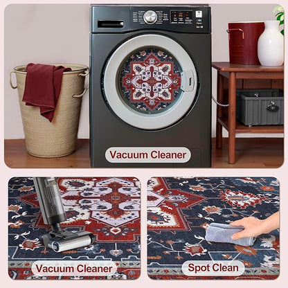 Tangsoo 2x6 Washable Runner Rug for Hallways, Non Slip Vintage Runner Rug, Soft Boho Low Pile Long Rug Runner, Print Distressed Red Carpet Runners for Kitchen Bedroom Entryway Living Room Oriental