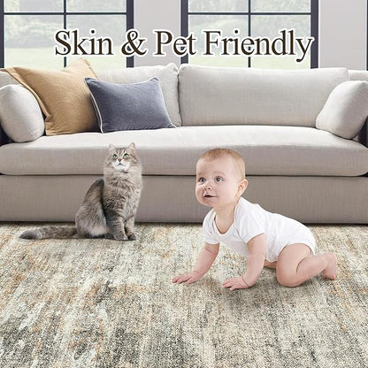 Abstract Rug 8x10 Large Living Room Rugs Neutral Modern Washable Area Rugs for Bedroom Dining Room Non-Slip Stain Resistant Foldable Thin Rug Brown Grey