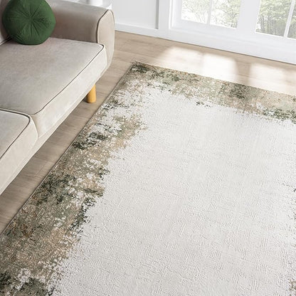 Abani Beige with Green Border Washable Area Rug – 4' x 6' – Classic Textured Design – Ivy Collection – Non-Shedding, Easy to Clean – Durable for High Traffic Areas – Living Room & Bedroom