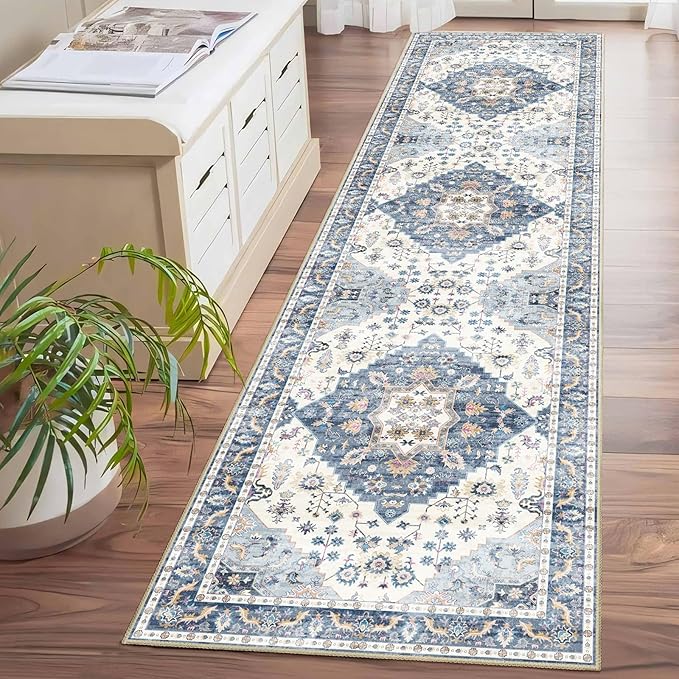Enkor Runner Rugs for Hallway, 2x8 Washable Soft Non Slip Floor Rugs for Kitchen, Modern Mat for Living Room Bedroom Entryway Blue & White