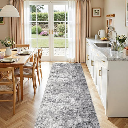 3X10 Washable Runner Rug for Hallway: Soft Neutral Modern Abstract Area Rug - Non-Slip Low Pile Long Throw Indoor Carpet for Kitchen Entryway Kitchen Bedroom Laundry - Grey