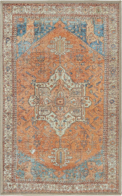 GLN Rugs Traditional Collection - Machine Washable Area Rug, Traditional Washable, Non Slip, Low Pile Chenille Rug, Living Room, Bedroom, Kitchen Rug (2' x 3' Terra/Multicolor)